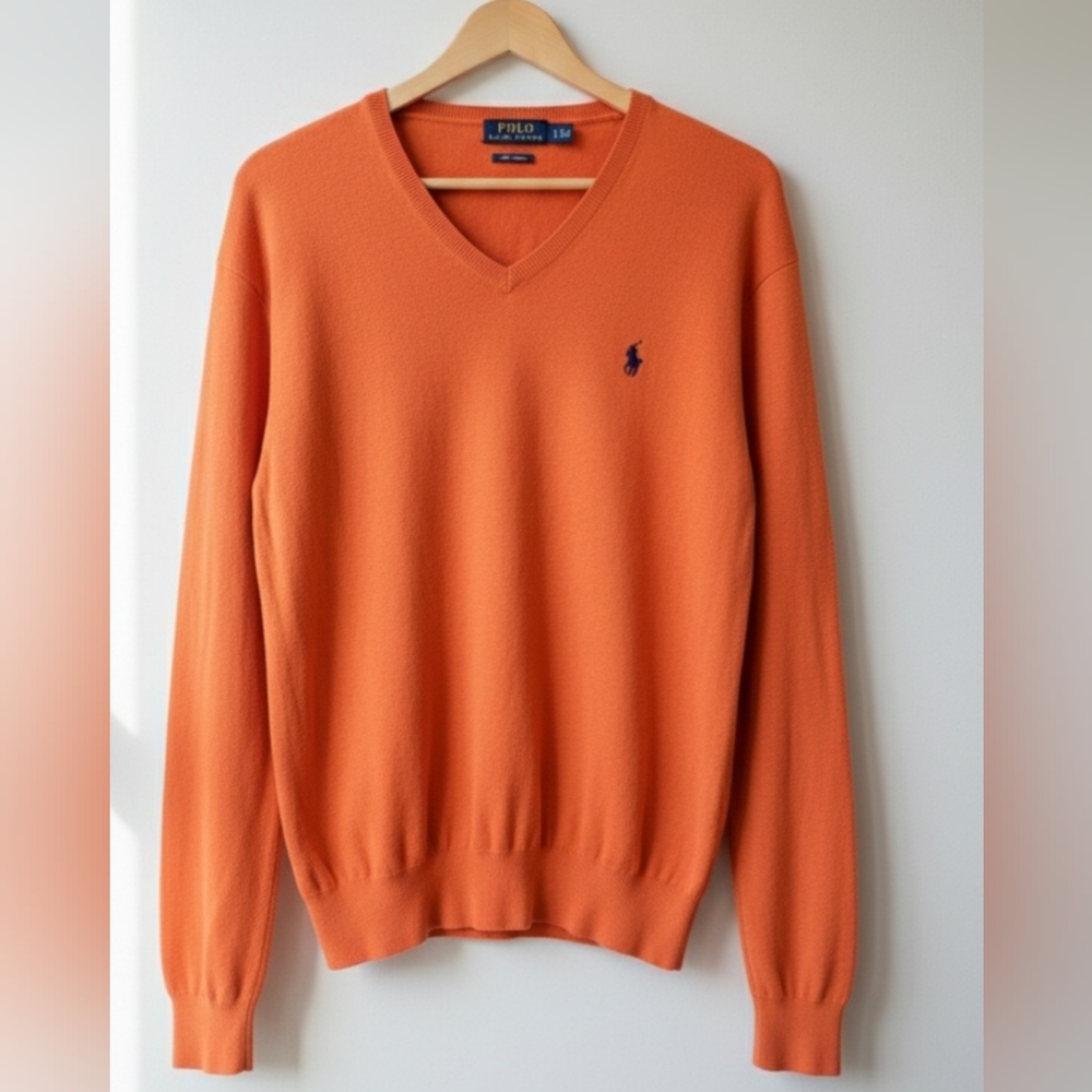 ​Polo Ralph Lauren Men's L 100% Pima Cotton V-Neck Sweater Orange Navy Pony Logo